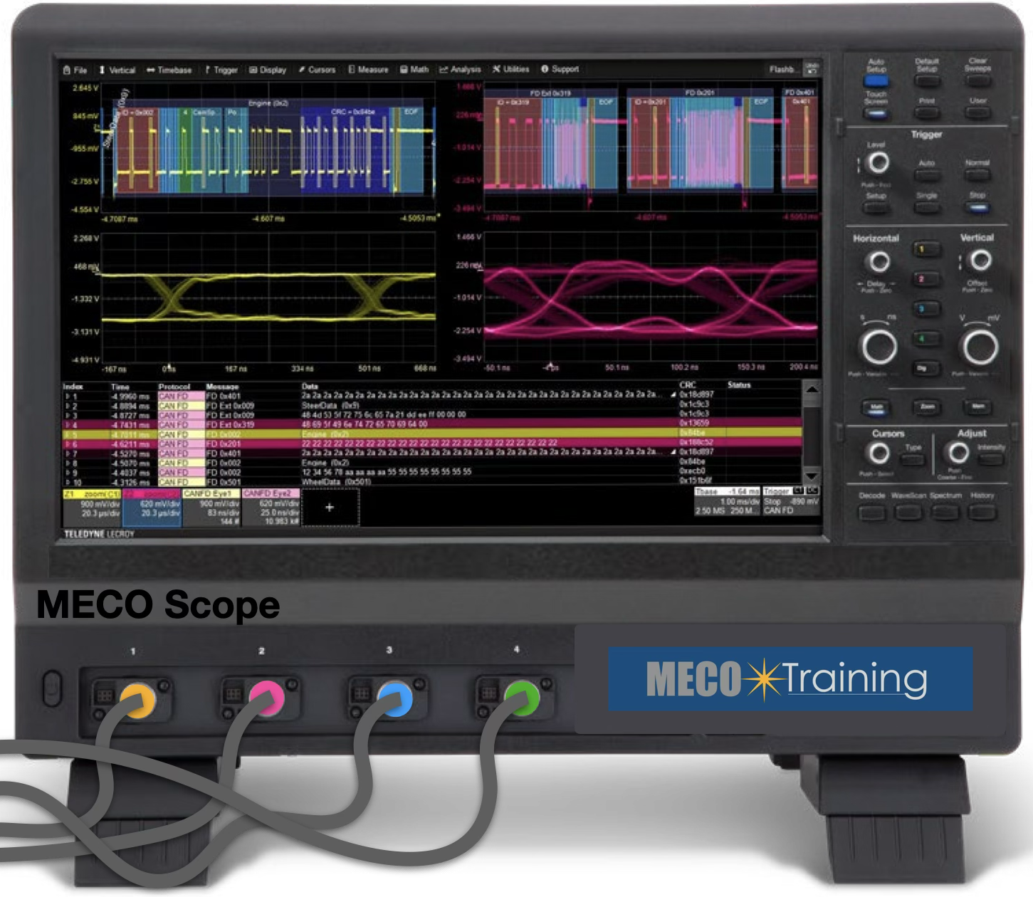 MECO oscilloscope with four colour-coded leads connected and interactive training controls overlaid